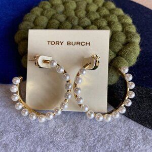 Tory Burch Pearl Fringe White Hoop Earrings Gold